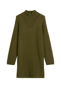 Robe-pull en tricot vert olive avec un col haut, des détails en zip et un motif zigzag texturé. Manches longues et coupe décontractée.