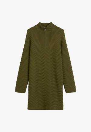 Olivenfarbendes gestricktes Pulloverdress mit hohem Kragen, Reißverschlussdetails und einem strukturierten Zickzackmuster. Lange Ärmel und lockere Passform.