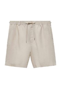 Shorts beige en tissu léger, dotés d'une taille élastique avec cordon de serrage, de poches latérales et d'une coupe décontractée.