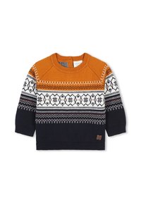 Sweater en tricot orange et marine avec un motif Fair Isle, des poignets côtes et une petite étiquette en cuir marron. Tissu doux avec une texture confortable.