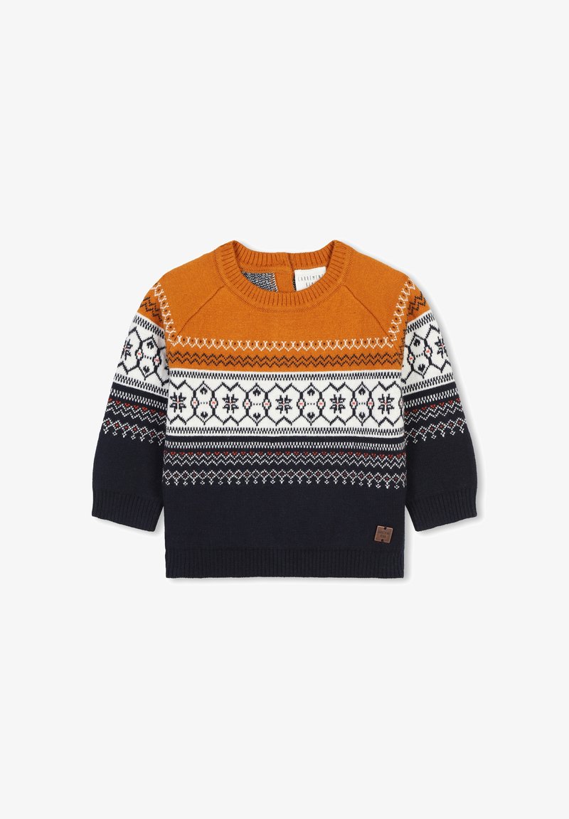 Sweater en tricot orange et marine avec un motif Fair Isle, des poignets côtes et une petite étiquette en cuir marron. Tissu doux avec une texture confortable.