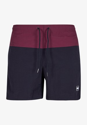 Meeste ujumispüksid, millel on marooni ülemine osa ja mereväe sinine alumine osa, valmistatud kerge kangaga, millel on elastne vöökoht ja nöör.