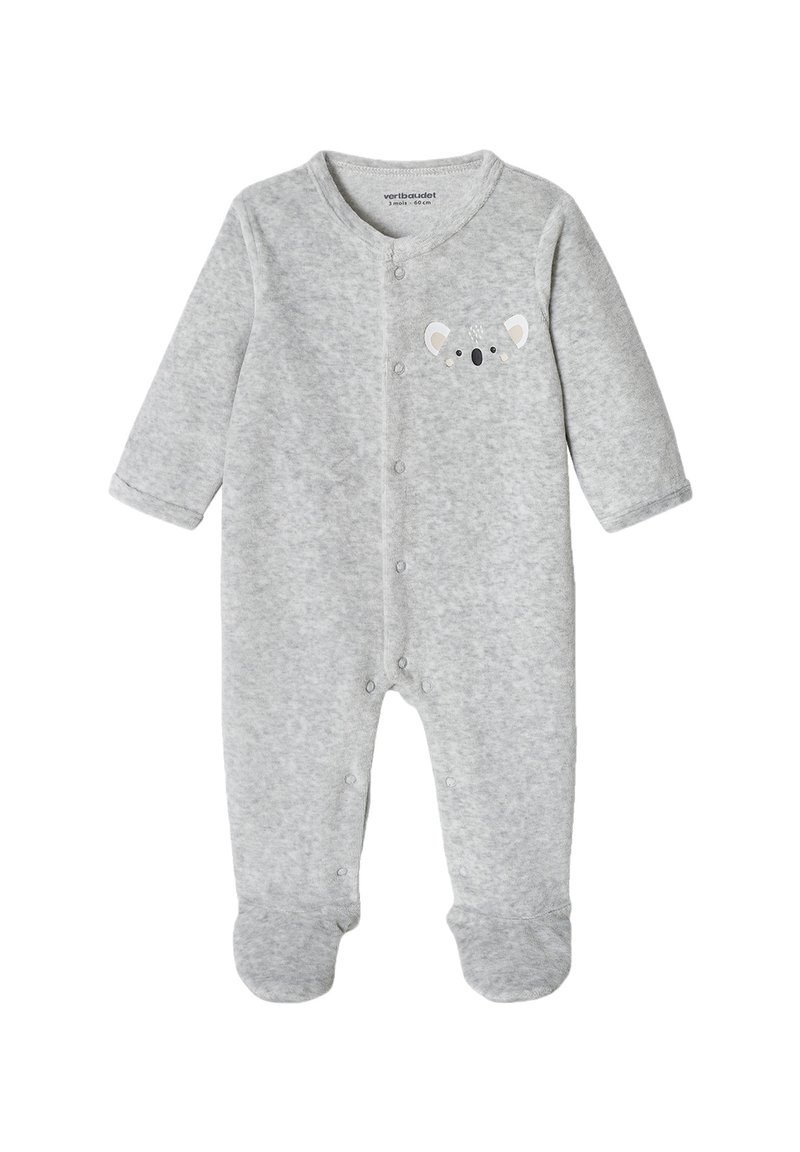 Hellgrauer Baby-Overall mit langen Ärmeln, Füßchenbeinen, Druckknöpfen vorne und einem kleinen Koala-Gesicht auf der Brust.