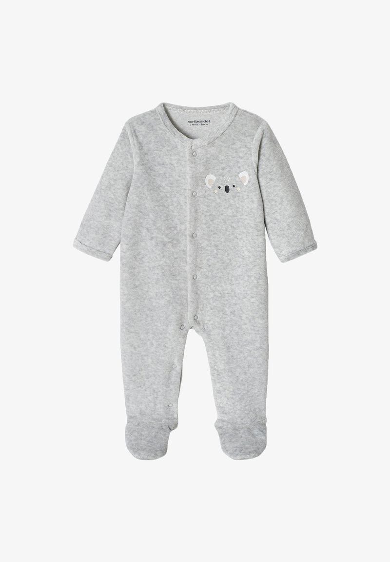Hellgrauer Baby-Overall mit langen Ärmeln, Füßchenbeinen, Druckknöpfen vorne und einem kleinen Koala-Gesicht auf der Brust.