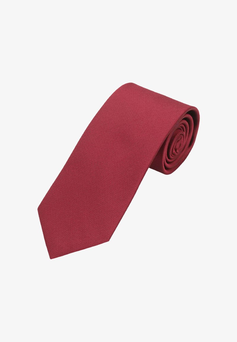Burgundy tie made from textured material, featuring a tapered end and rolled design for easy storage. Smooth finish without patterns.