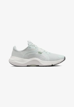 Light gray and white low-top athletic sneaker with mesh upper, lace-up closure, cushioned sole, and pull tab on the heel collar.