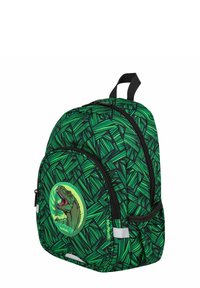 Green backpack with a dinosaur graphic and leaf pattern. Features zipper closure, black accents, and padded straps. Durable material.