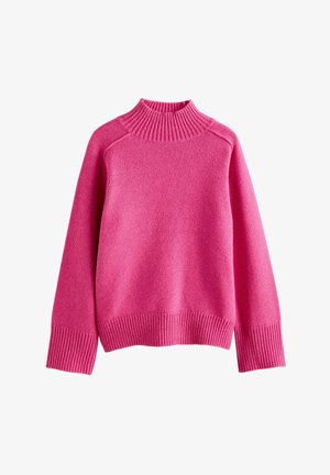 Kirkkaan vaaleanpunainen neulepaita, jossa on korkea ribattu kaulus ja ribatut hihansuut. Paidassa on rento malli ja sileä pinta kauttaaltaan.