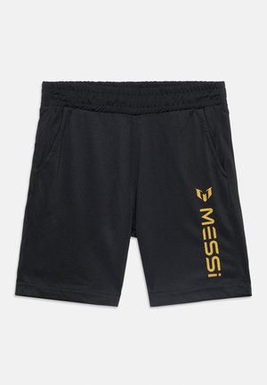 Mustad spordipüksid, millel on elastne vöökoht, küljetaskud ning paremal jalal kuldsed "MESSI" tekst ja logo.