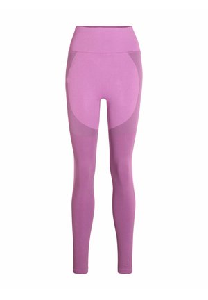 Lila hoch geschnittene nahtlose Leggings mit dunkleren Paneelakzenten an den Hüften, Oberschenkeln und Waden, entworfen für Sportbekleidung.