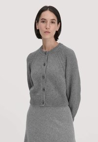 Grau gestrickte Strickjacke mit Rundhalsausschnitt, Knopfverschluss und Rippenbund. Verfügt über Raglanärmel und eine weiche Textur.