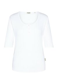 Weißes, geripptes Langarmoberteil mit einem U-Boot-Ausschnitt und drei Knöpfen an der Vorderseite. Weicher Stoff und gerader Saum. SENSES-Markenlabel an der Seite.