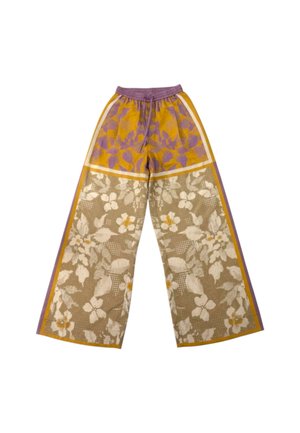Pantaloni a gamba larga con un design patchwork che presenta motivi floreali viola e senape nella parte superiore e stampa floreale beige sulle gambe.