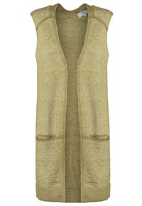 Ärmlös cardigan, ljusbeige stickad tyg, öppen framsidan, två framfickor, ribbad nederkant och detaljer. Mjuk textur.