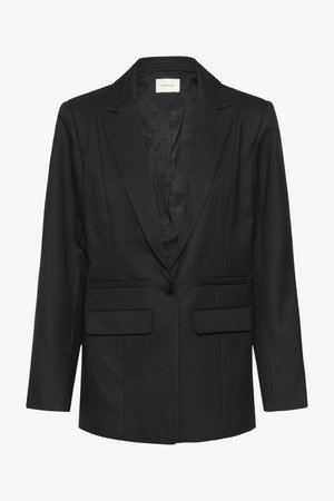 Schwarzer Blazer mit Revers, einreihiger Knopfleiste, zwei Fronttaschen, maßgeschneidertem Schnitt und glatter Textur. Gefüttertes Innenfutter in passendem Schwarz.