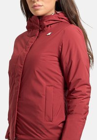 Giacca isolata rossa con cappuccio, dotata di chiusura a zip, tasca laterale e logo sul petto. Texture liscia e design aderente.