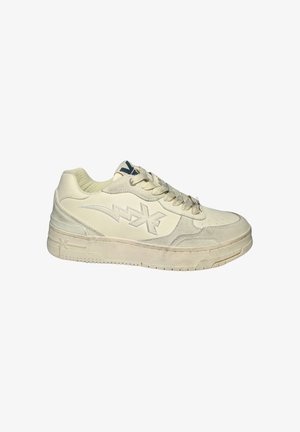 Niedrig geschnittene Sneakers aus cremefarbener Leder und Wildleder, mit einem auffälligen Stern-Logo, strukturierten Akzenten und einem gepolsterten Schaft.