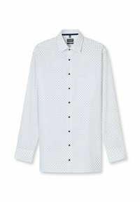 Weißes langärmliges Hemd mit Knöpfen, schwarzen Punkten, einem Kragen, einer Brusttasche und schwarzen Knöpfen.