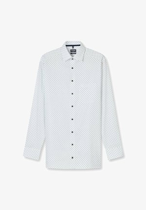 Weißes langärmliges Hemd mit Knöpfen, schwarzen Punkten, einem Kragen, einer Brusttasche und schwarzen Knöpfen.