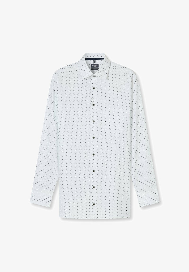 Weißes langärmliges Hemd mit Knöpfen, schwarzen Punkten, einem Kragen, einer Brusttasche und schwarzen Knöpfen.