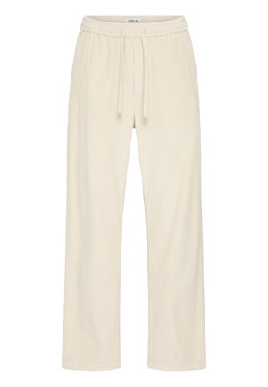 Krēmkrāsas ribota auduma atpūtas bikses ar elastīgu jostu un auklu aizdari. Taisnas kājas dizains, mīksta tekstūra, minimālas detaļas.