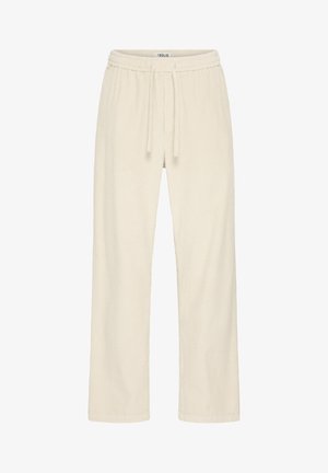 Kremasto obarvane hlače za prosti čas iz rebraste tkanine z elastičnim pasom in zategovalnim vrvico. Dizajn s pravimi nogami, mehka tekstura, minimalni dodatki.
