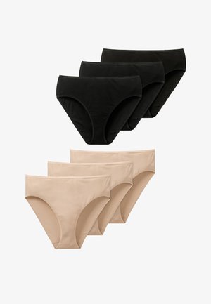 Set of six women's briefs: three black and three nude. Made from smooth cotton, featuring a classic cut with a soft waistband and no visible seams.