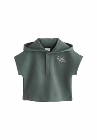 Grüner Kurzarm-Hoodie mit Knopfleiste, zwei Knöpfen und einer großen Kapuze. Mit gesticktem Text "little man" auf der linken Seite.