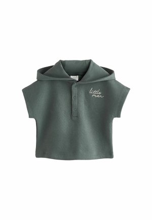 Zielona krótki rękaw hoodie z przednią listwą, dwoma guzikami i dużym kapturem. Zawiera haftowany napis "mały facet" po lewej stronie.