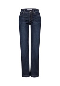 Jeans dritti blu scuro realizzati in denim, con cinque tasche, un bottone in metallo e cuciture a contrasto sulle cuciture.