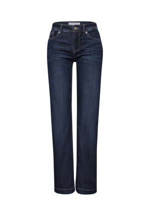 Granatowe jeansy typu straight-leg wykonane z denimu, z pięcioma kieszeniami, metalowym guzikiem i kontrastowym szwem.