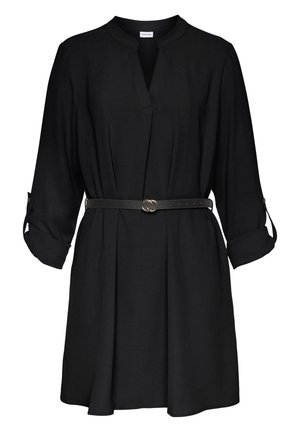 Black long-sleeve dress with rolled cuffs, V-neck, cinched waist with thin black belt featuring double gold rings buckle.