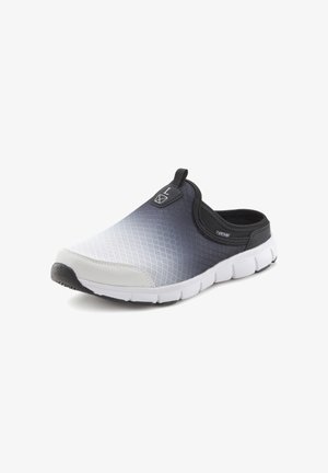 Slipper mit einem oberem Material aus einem Farbverlauf-Mesh, das von Weiß zu Dunkelgrau übergeht, mit einem strukturierten Muster und einer flexiblen weißen Sohle.