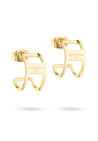 Boucles d'oreilles en métal doré au design contemporain et courbé, avec un motif découpé et un détail gravé "LIEBESKIND BERLIN".