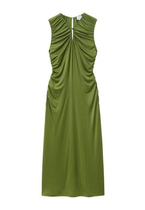 Robe midi sans manches vert olive avec des détails froncés sur la poitrine et les côtés, et une petite ouverture en forme de trou de serrure sous l'encolure.