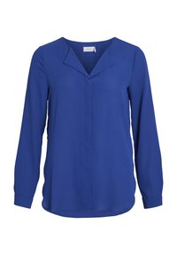 Blouse bleue à manches longues avec col en V et coupe décontractée. Présente une texture lisse et un léger éclat, avec un ourlet droit et des poignets boutonnés.