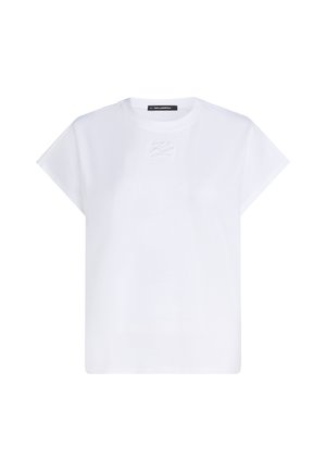 Λευκό κοντομάνικο T-shirt με στρογγυλή λαιμόκοψη, διακριτικό ανάγλυφο λογότυπο στο στήθος και μαύρη ετικέτα μέσα στο γιακά με την επιγραφή "Karl Lagerfeld."