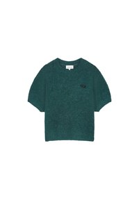 Turquoise trui met korte mouwen, gemaakt van een zachte stof, met een ronde halslijn en een klein zwart geborduurd logo aan de linkerkant.