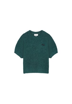 Turquoise short-sleeve sweater, made of fuzzy material, with a round neckline and a small black embroidered logo on the left side.
