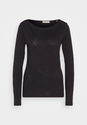 Black long-sleeve T-shirt made from a lightweight, slightly textured fabric with a wide neckline and minimalistic design.