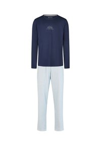 Granatowa koszula z długim rękawem z białym napisem, zestawiona z jasnoniebieskimi spodniami w paski. Materiał wydaje się miękki i wygodny; dopasowany, casualowy krój.