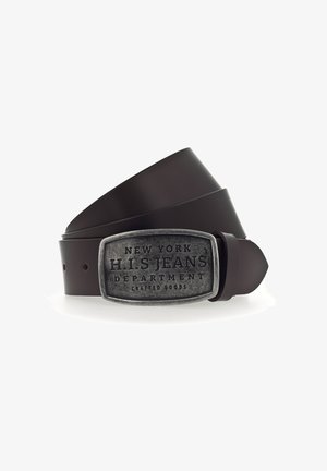 Brown leather belt with a wide strap and a rectangular metal buckle featuring engraved text, "NEW YORK H.I.S JEANS DEPARTMENT CRAFTED GOODS."