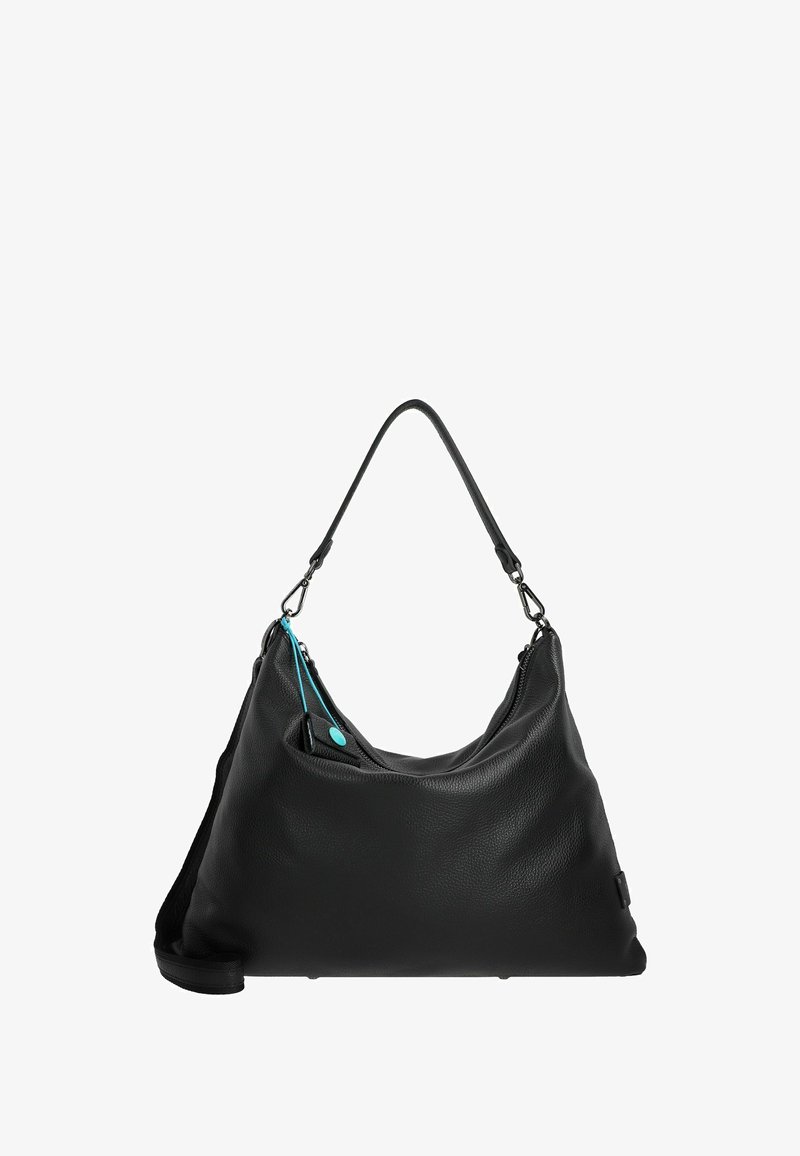 Borsa a spalla in pelle nera con una texture morbida, forma curva e un evidente accento della cerniera turchese. Tracolla regolabile e tasca con zip.