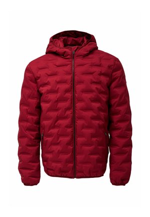 Chaqueta acolchada roja con capucha, cremallera frontal y bolsillos laterales con cremallera, exhibida sobre un fondo blanco liso.