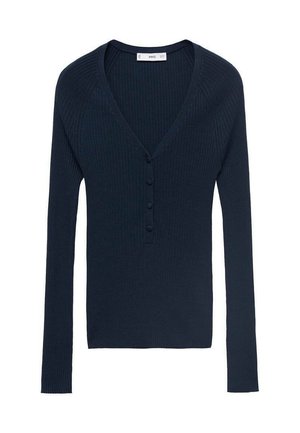 Marineblauwe geribbelde lange mouwen cardigan met een V-hals, voorzien van een knoopsluiting en een gestructureerd oppervlak. Eenvoudig ontwerp met een aansluitende pasvorm.