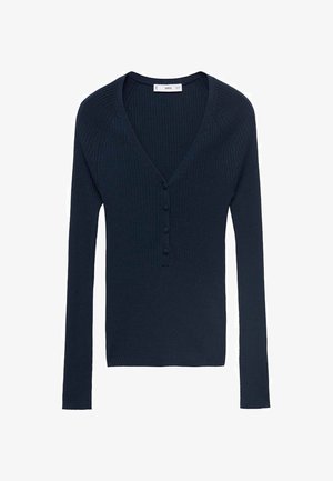 Marineblauwe geribbelde lange mouwen cardigan met een V-hals, voorzien van een knoopsluiting en een gestructureerd oppervlak. Eenvoudig ontwerp met een aansluitende pasvorm.