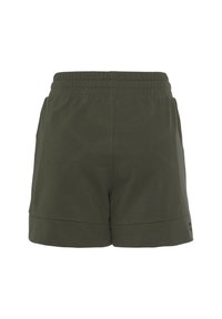 Dark green shorts with an elastic waistband, side pockets, and a cuffed hem. Smooth texture and casual design. No visible branding.