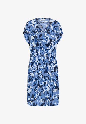 Korte mouwen jurk in het blauw met een bloemenpatroon, voorzien van een V-hals en een elastische tailleband voor een ontspannen pasvorm. Lichte stof met textuur.