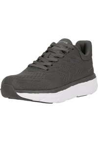 Grauer Sportschuh mit einem Obermaterial aus Mesh, strukturiertem Design, Gummisohle und weißem Zwischensohlenbereich. Verfügt über runde Schnürsenkel und einen gepolsterten Schaft.