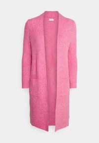Lång öppen framsida rosa stickad cardigan med två framfickor och ribbad struktur på ärmar och nederkant.